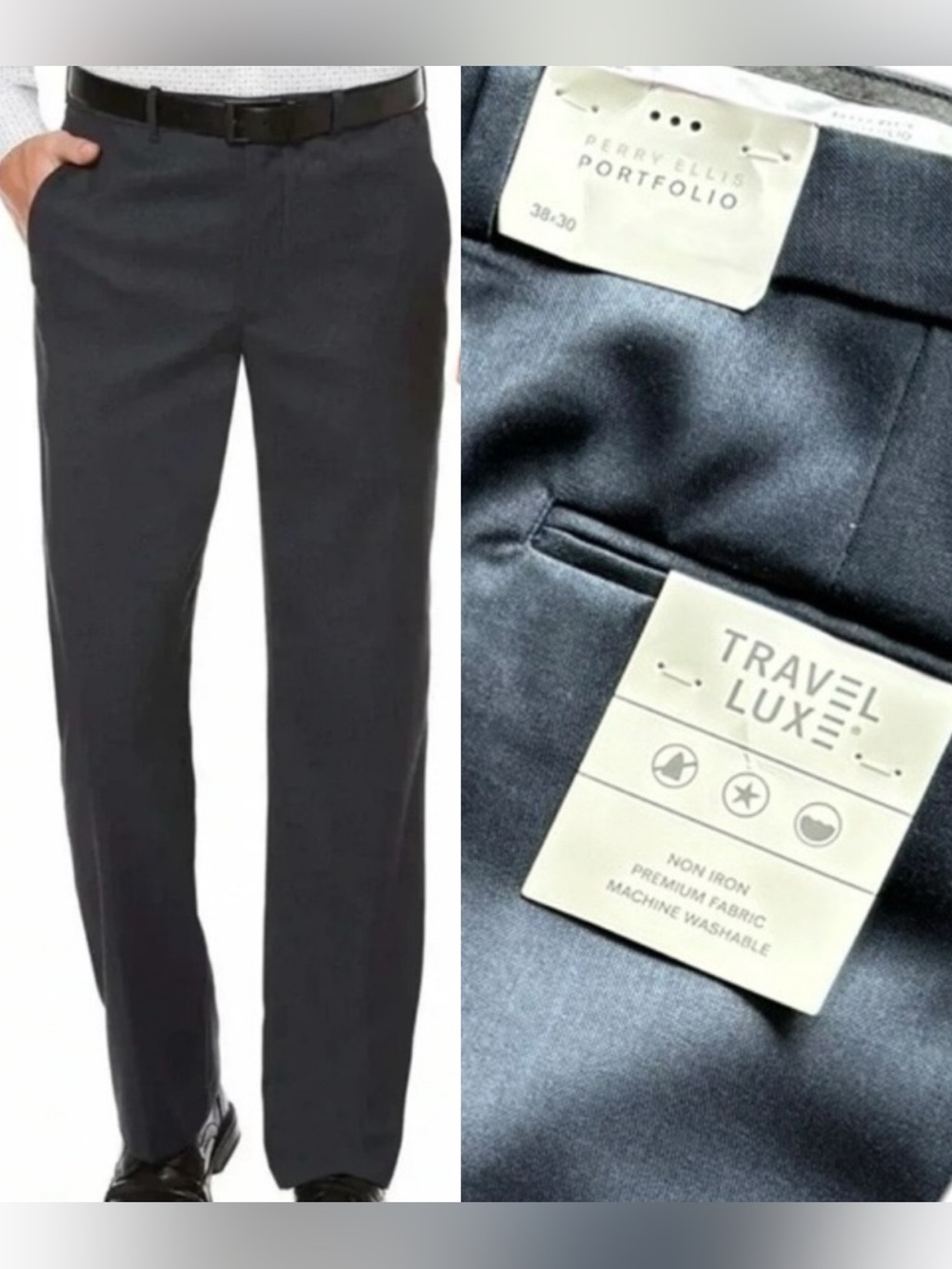 Perry Ellis Portfolio Pants Mens 38x30 Blue New Travel Luxe Classic Sharkskin